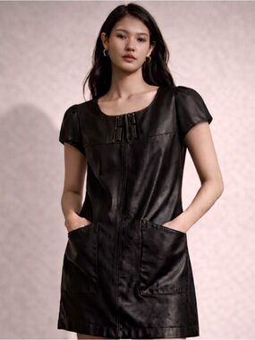 Espresso Black 100% Lamb Leather Puff Cap Sleeve Shift Dress Pockets Zip Size S